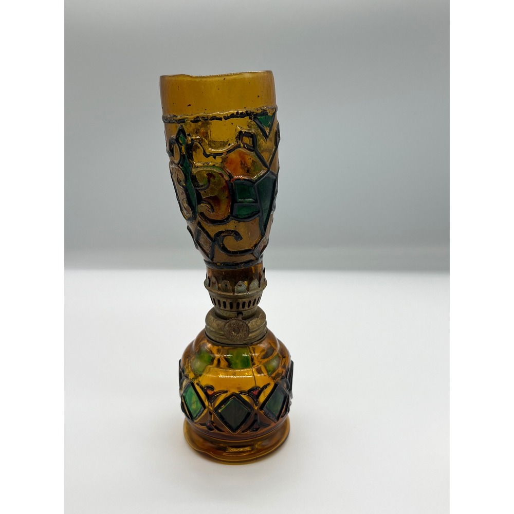 Vintage Sailboat Brand Amber Glass Oil Lamp Hand Painted Stained Glass Style HK